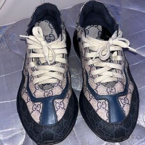 Gucci Beige and Navy Monogram Sneakers
